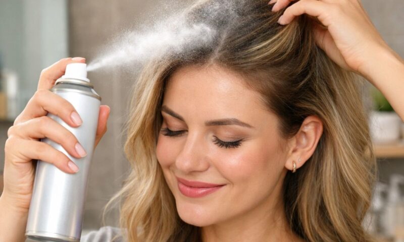 plava devojka koristi šampon za suvo pranje