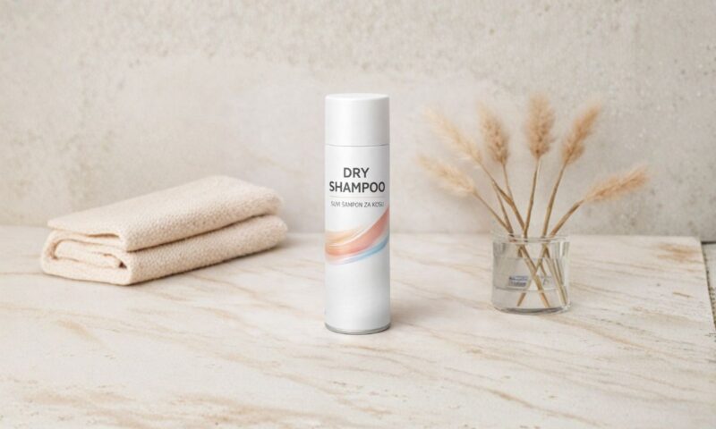 prikaz šampona za suvo pranje na polici pored peškira i biljke za kupatilo